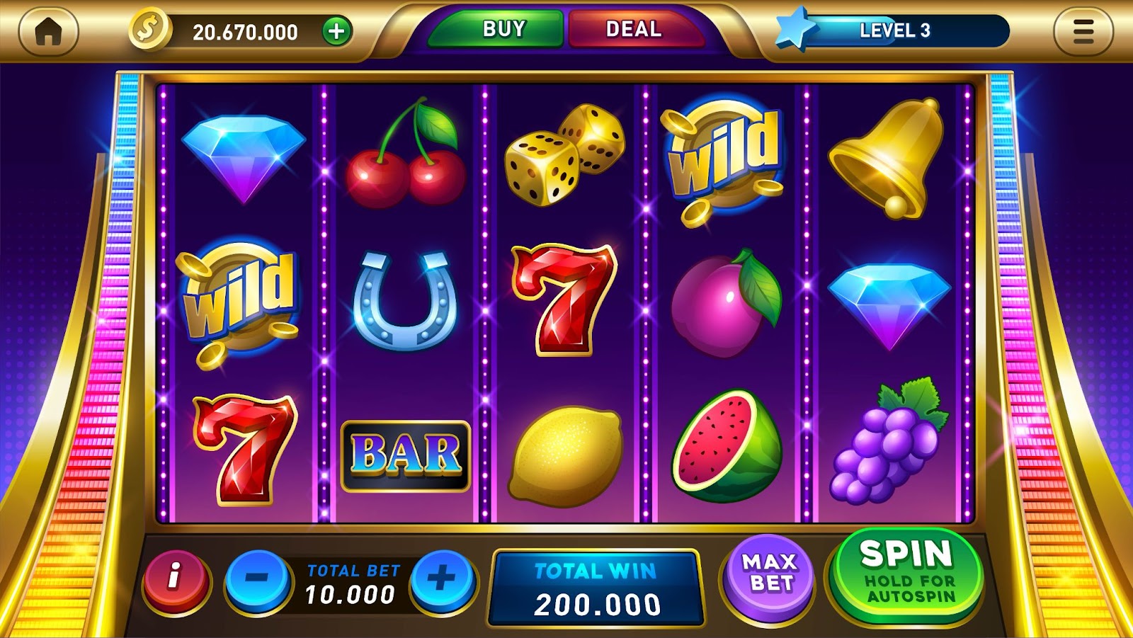 A vibrant screen capture of a virtual slot machine game displaying various symbols like fruits, bells, and wilds with buttons for gameplay options.