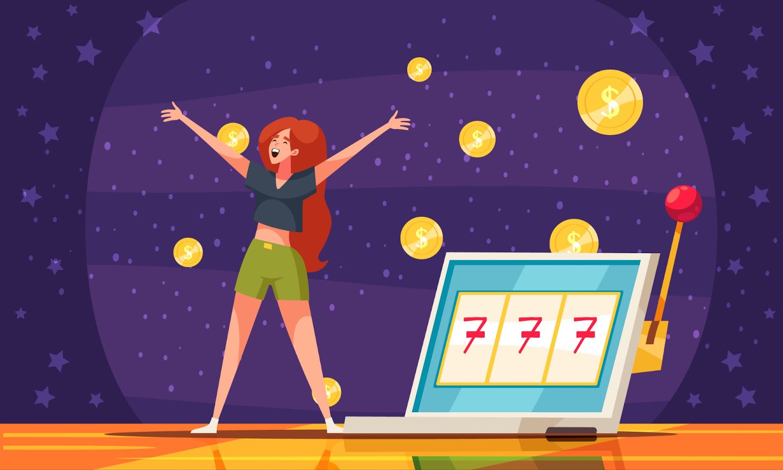 Illustration d'une femme joyeuse, les bras levés, entourée de pièces de monnaie, célébrant devant un ordinateur portable affichant une machine à sous gagnante avec un triple sept.